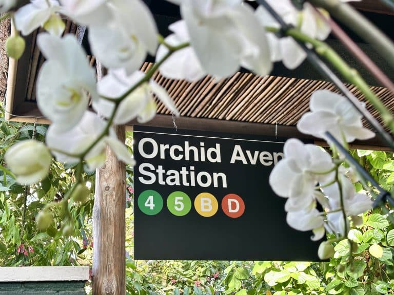 NYBG Orchid Show subway sign designed by Mr. Flower Fantastic