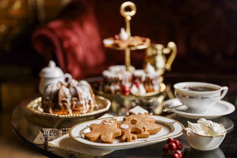 Closeup of a tea service featuring gingerbread men at the Rome Cavalieri, a Waldorf Astoria hotel